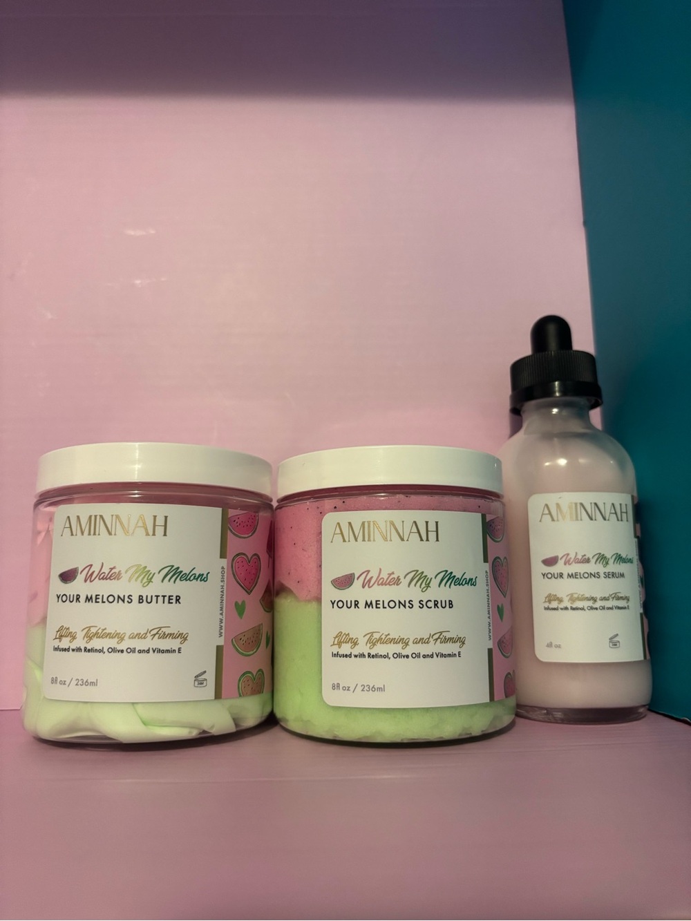 Water My Melons Body Butter, oil & Scrub Set in Pink and Green